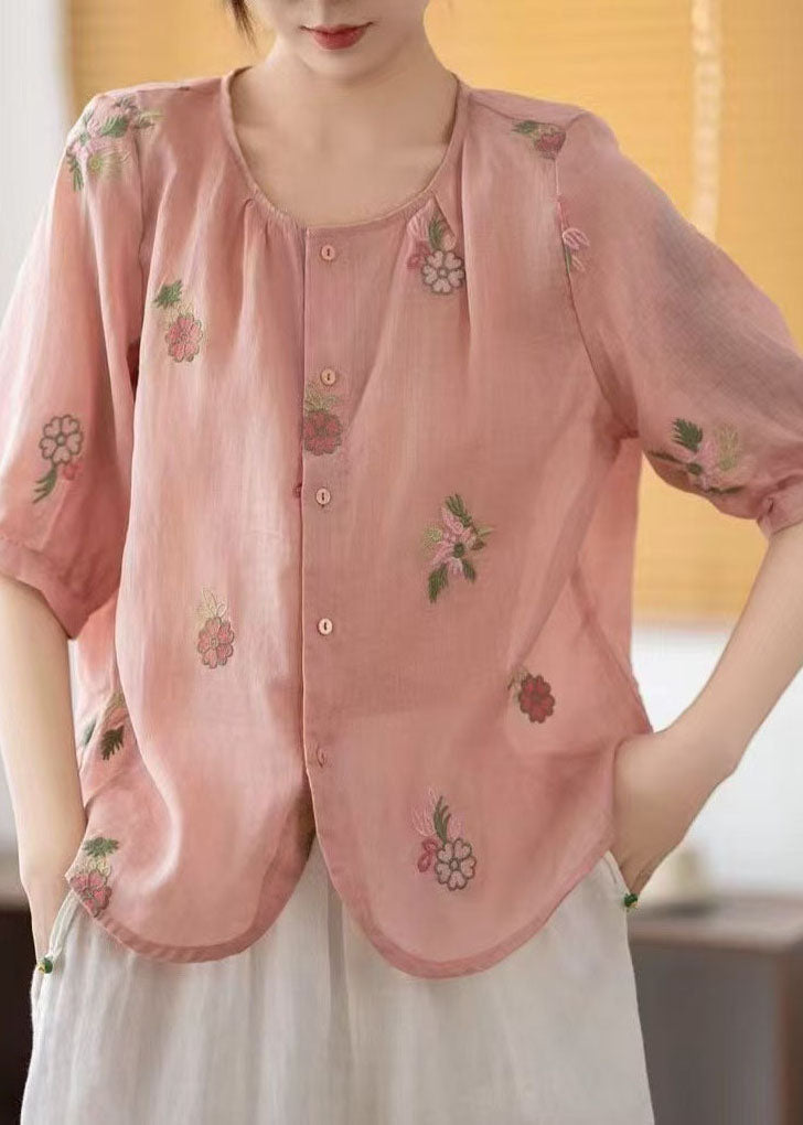 Linen Summer O-Neck Embroidered Shirts Red