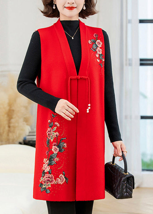 Rote lange Wollstrickweste mit Blumenstickerei, ärmellos TA028