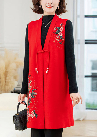 Rote lange Wollstrickweste mit Blumenstickerei, ärmellos TA028