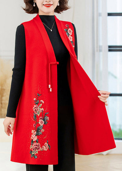 Rote lange Wollstrickweste mit Blumenstickerei, ärmellos TA028