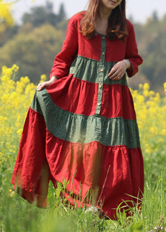 Rotes O-Ausschnitt Falten Patchwork Lange Kleider Frühling VB1030