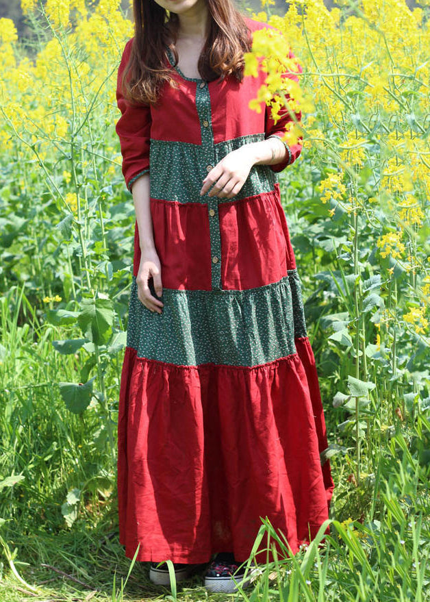 Rotes O-Ausschnitt Falten Patchwork Lange Kleider Frühling VB1030