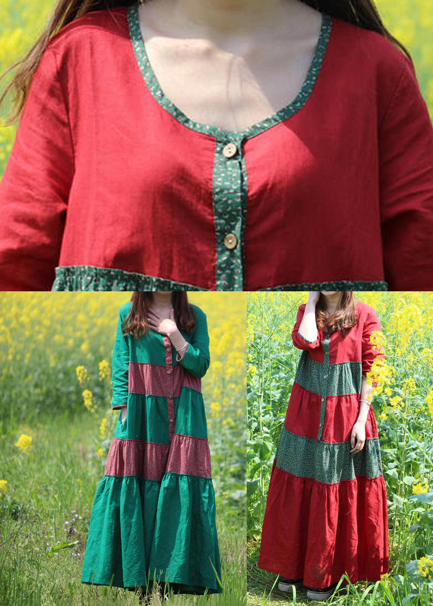 Rotes O-Ausschnitt Falten Patchwork Lange Kleider Frühling VB1030