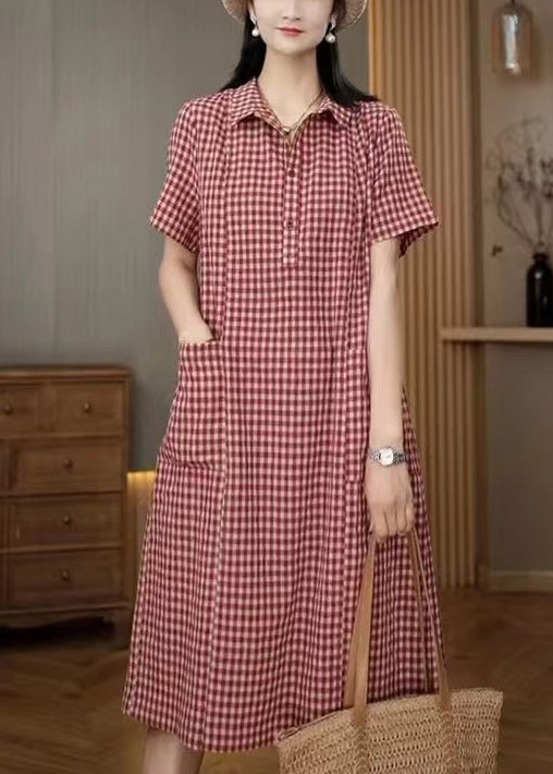Rotes Hemd Sommer Plaid Leinen Kleider Kragen Pan Peter