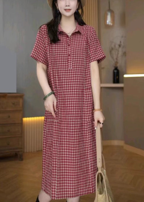 Rotes Hemd Sommer Plaid Leinen Kleider Kragen Pan Peter