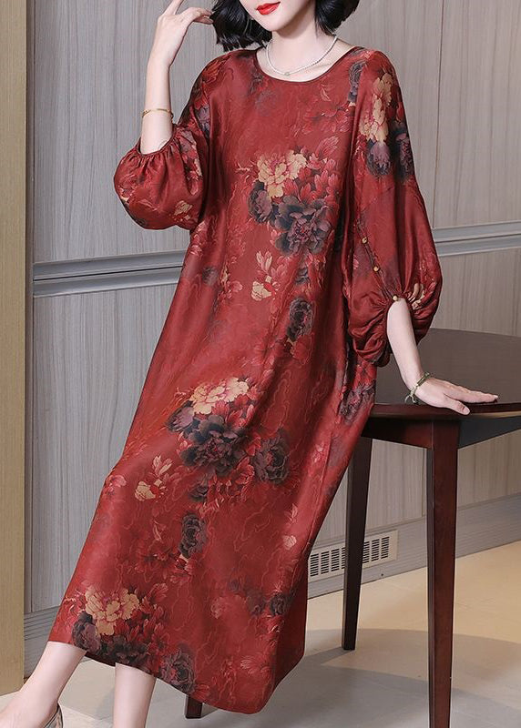 Red Print Button Silk Long Dress O Neck Half Sleeve OP1062