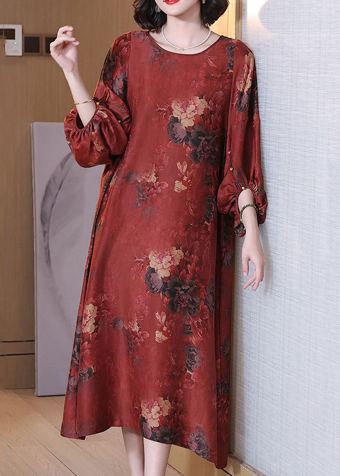 Red Print Button Silk Long Dress O Neck Half Sleeve OP1062