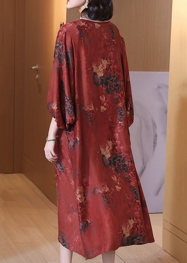 Red Print Button Silk Long Dress O Neck Half Sleeve OP1062