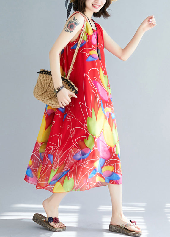 Red Print Chiffon Holiday Dresses O Neck Summer JH042