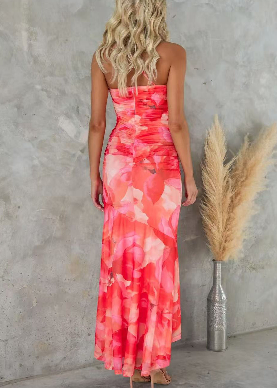 Ärmelloses Trägerkleid aus Baumwolle mit Print, Rot, Spaghetti-Schulter, Kalt