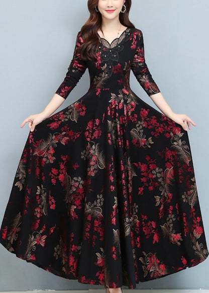 Robe de soirée drapée en soie à imprimé rouge avec ourlet extra large, printemps OO030