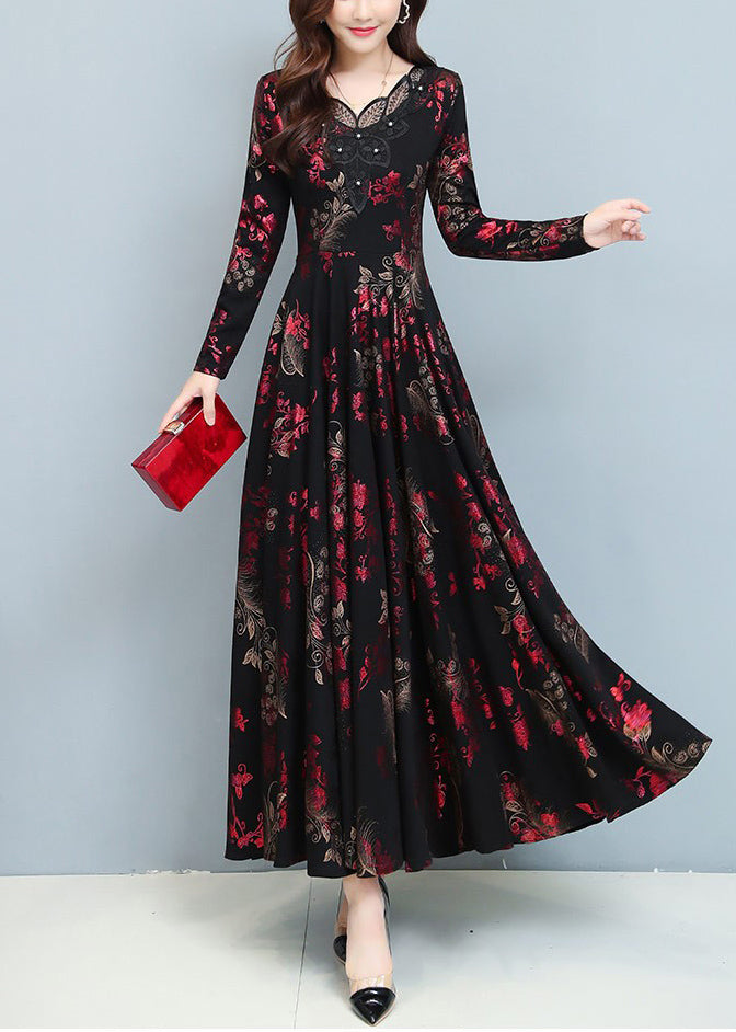 Red Print Draping Silk Holiday Dresses Exra Large Hem Spring OO030