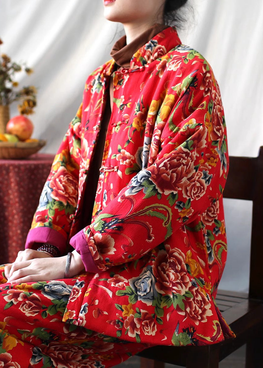 Roter Druck, feine Baumwoll-Fülljacke mit chinesischen Knöpfen, Frühling TI037