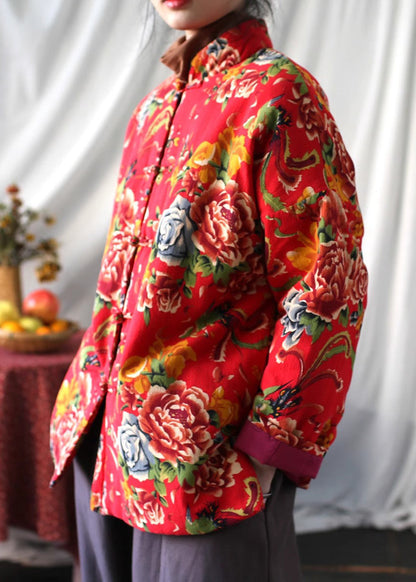 Roter Druck, feine Baumwoll-Fülljacke mit chinesischen Knöpfen, Frühling TI037