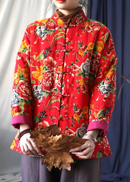 Roter Druck, feine Baumwoll-Fülljacke mit chinesischen Knöpfen, Frühling TI037