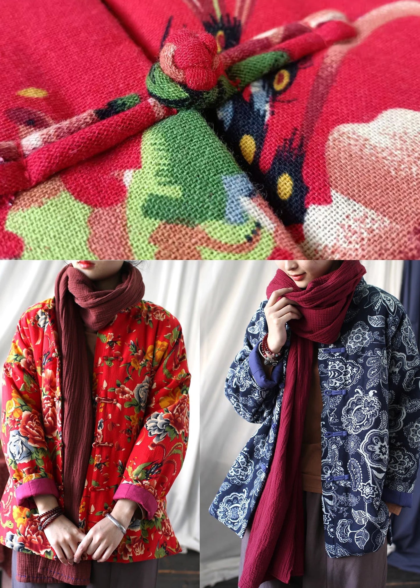 Roter Druck, feine Baumwoll-Fülljacke mit chinesischen Knöpfen, Frühling TI037