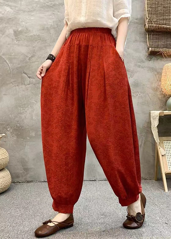 Red Print Pockets Cotton Crop Pants High Waist RE006