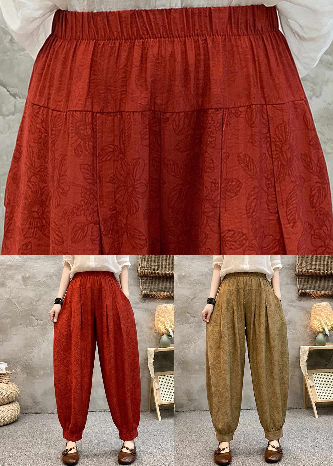 Red Print Pockets Cotton Crop Pants High Waist RE006