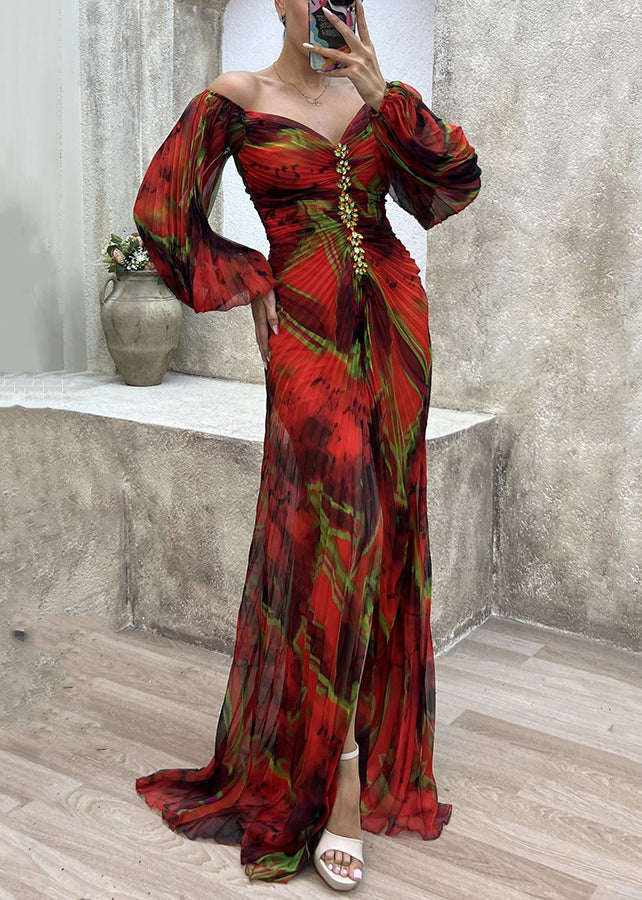 Red Side Open Cotton Long Dresses V Neck  Long Sleeve WW1055