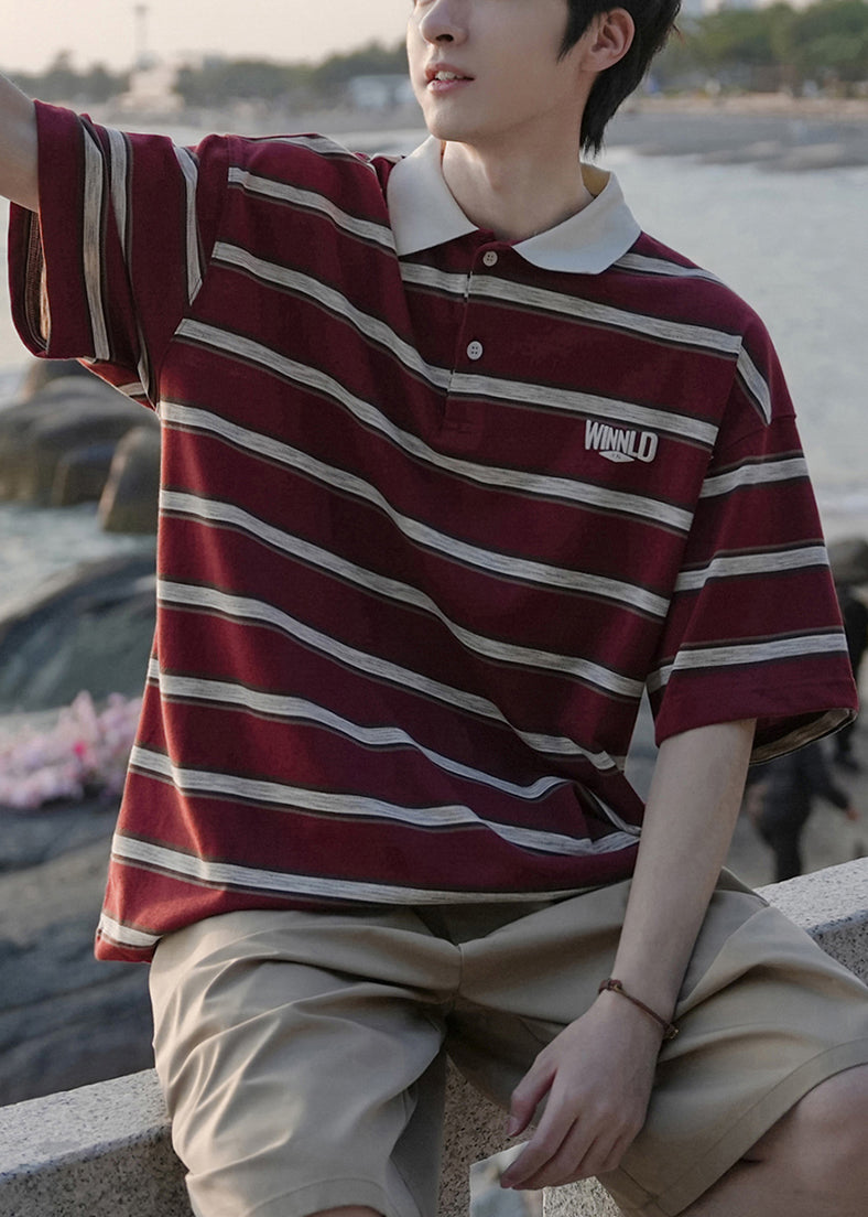 Lose Herren Button gestreiften roten Hemden Baumwolle Polo