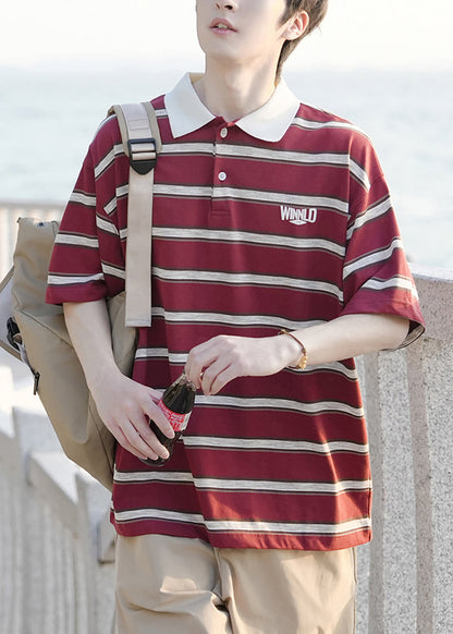 Lose Herren Button gestreiften roten Hemden Baumwolle Polo