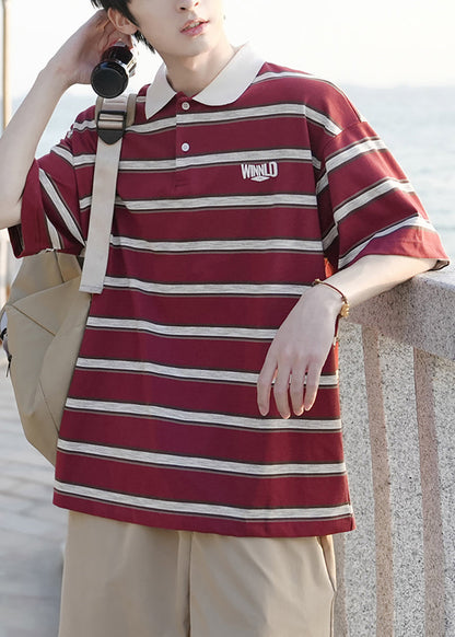 Lose Herren Button gestreiften roten Hemden Baumwolle Polo