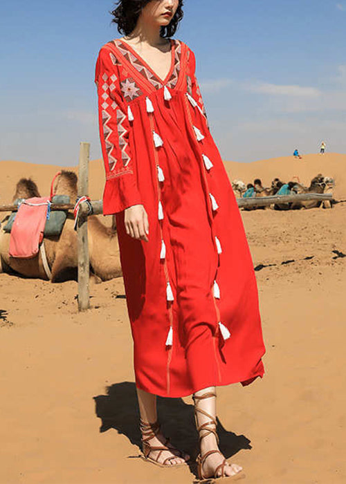 Langes Patchwork-Kleid mit Quastenhalsausschnitt, Herbst-Baumwollkleid, Rot, V