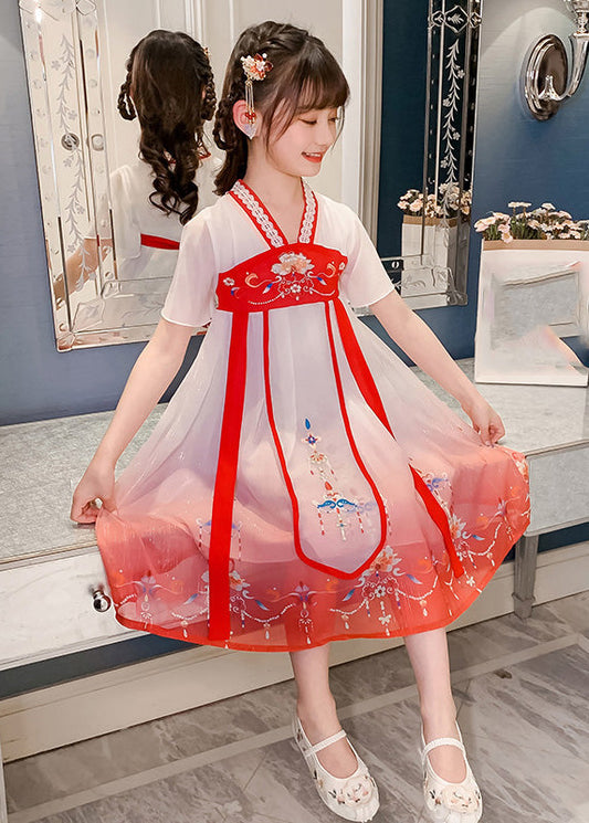 Robe longue rouge en tulle et dentelle à col en V pour enfants, manches courtes, GF015