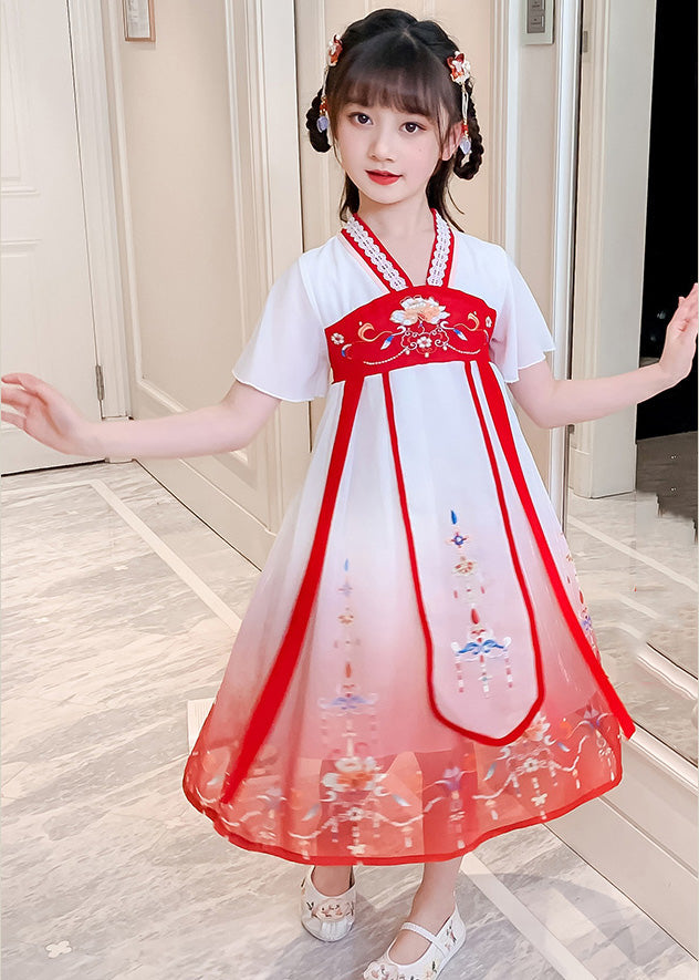 Rotes V-Ausschnitt Spitzen Patchwork Tüll Kinder Urlaub Maxi Kleid Kurzarm GF015