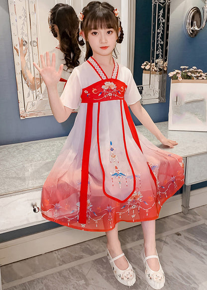 Robe longue rouge en tulle et dentelle à col en V pour enfants, manches courtes, GF015