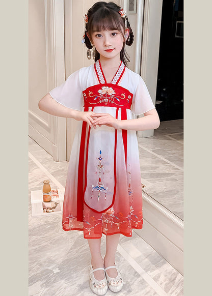 Robe longue rouge en tulle et dentelle à col en V pour enfants, manches courtes, GF015