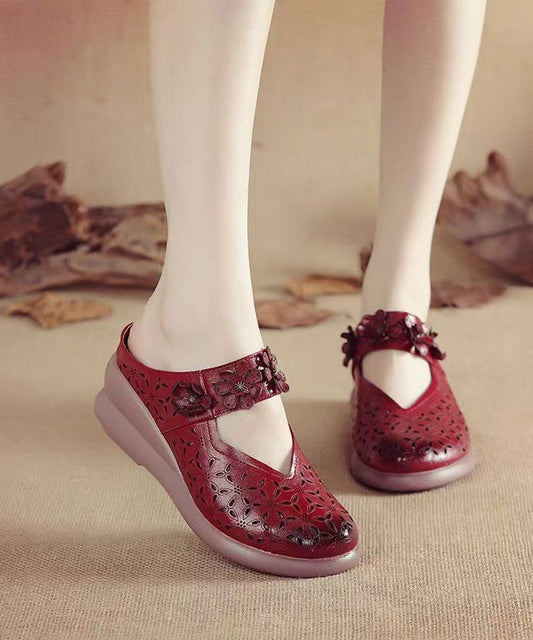 Sandals Splicing Cowhide Red New Out Hollow Slide Wedge Leather