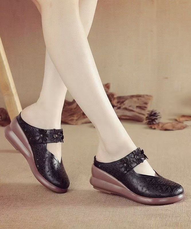Sandals Splicing Cowhide Red New Out Hollow Slide Wedge Leather