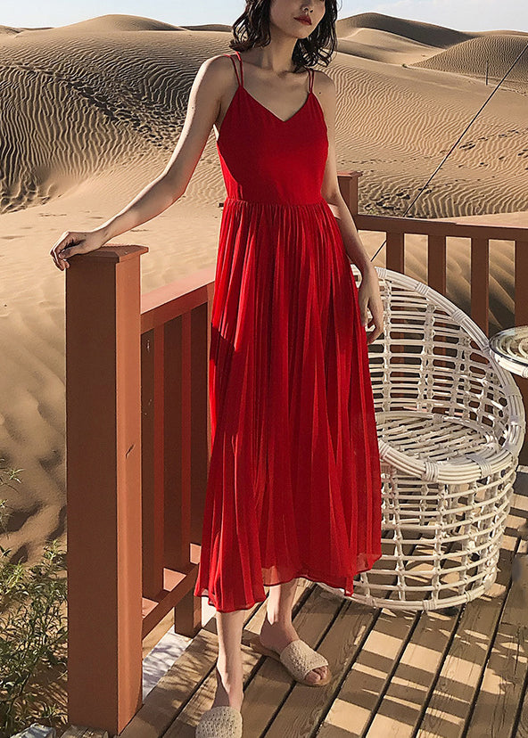 Neck Solid Sommer Spaghetti Rot Kleid Faltig Strap Chiffon V