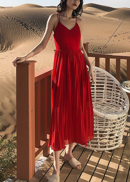 Neck Solid Sommer Spaghetti Rot Kleid Faltig Strap Chiffon V