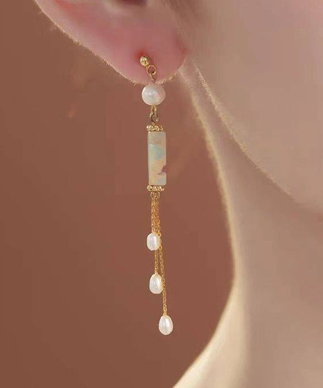 Regular White Sterling Silver Overgild Pearl Tassel Drop Earrings QI072