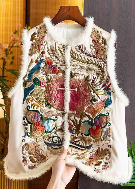 Gilet sans manches en coton fin brodé style patchwork abricot rétro TQ014