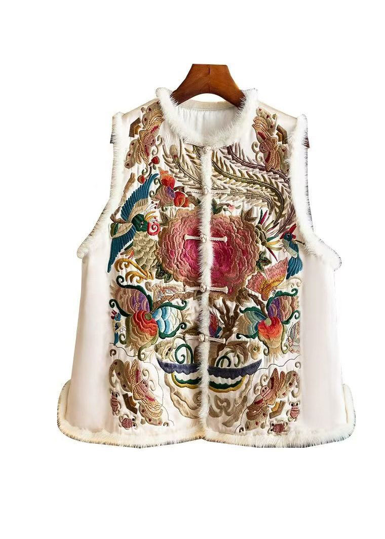 Gilet sans manches en coton fin brodé style patchwork abricot rétro TQ014