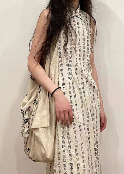 Robe en coton à col montant rétro beige à imprimé ouvert sur le côté sans manches WW1029