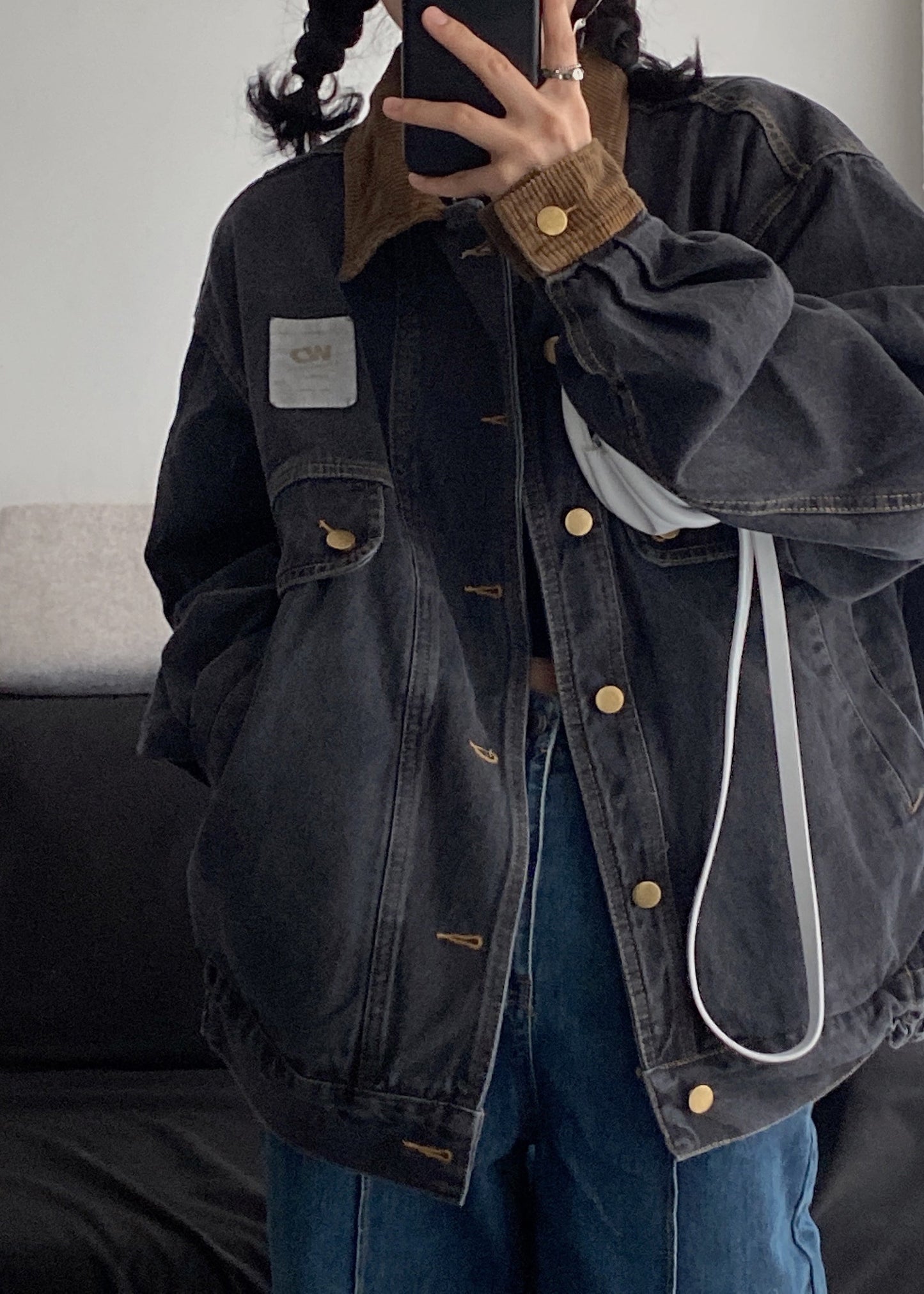 Manteaux en denim à poches pour hommes, style rétro, boutons noirs, patchwork