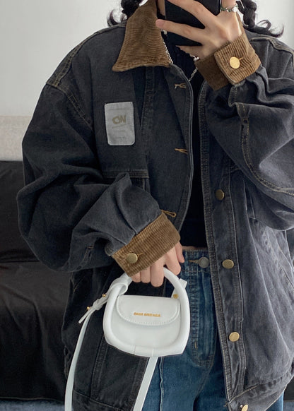 Manteaux en denim à poches pour hommes, style rétro, boutons noirs, patchwork