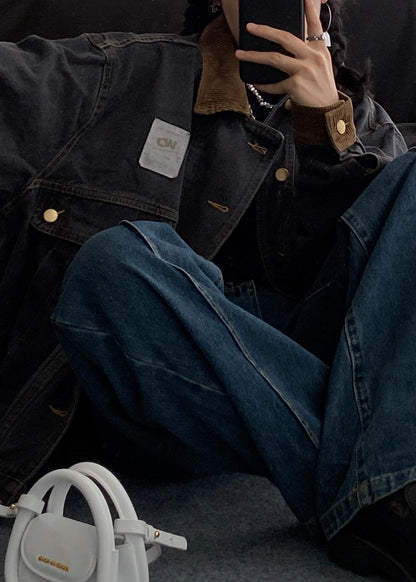 Manteaux en denim à poches pour hommes, style rétro, boutons noirs, patchwork