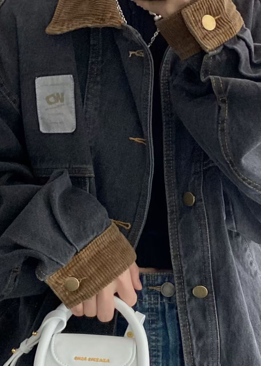 Manteaux en denim à poches pour hommes, style rétro, boutons noirs, patchwork