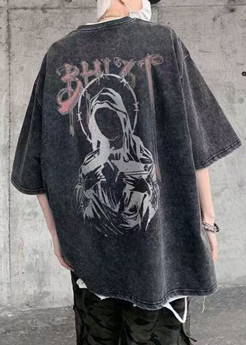 T-shirt d'été rétro noir à col rond et imprimé en coton pour homme