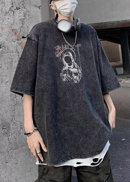 T-shirt d'été rétro noir à col rond et imprimé en coton pour homme