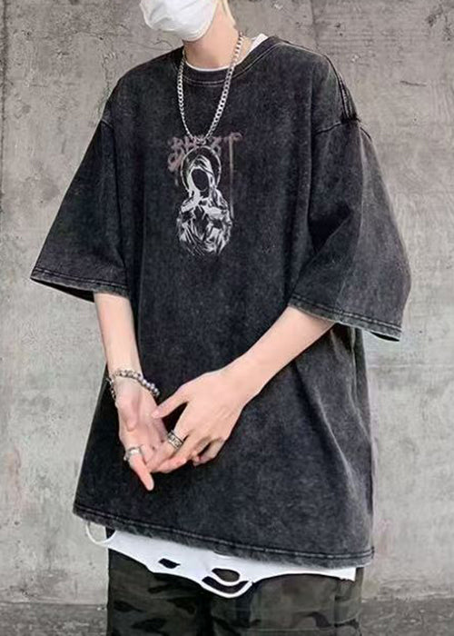 T-shirt d'été rétro noir à col rond et imprimé en coton pour homme