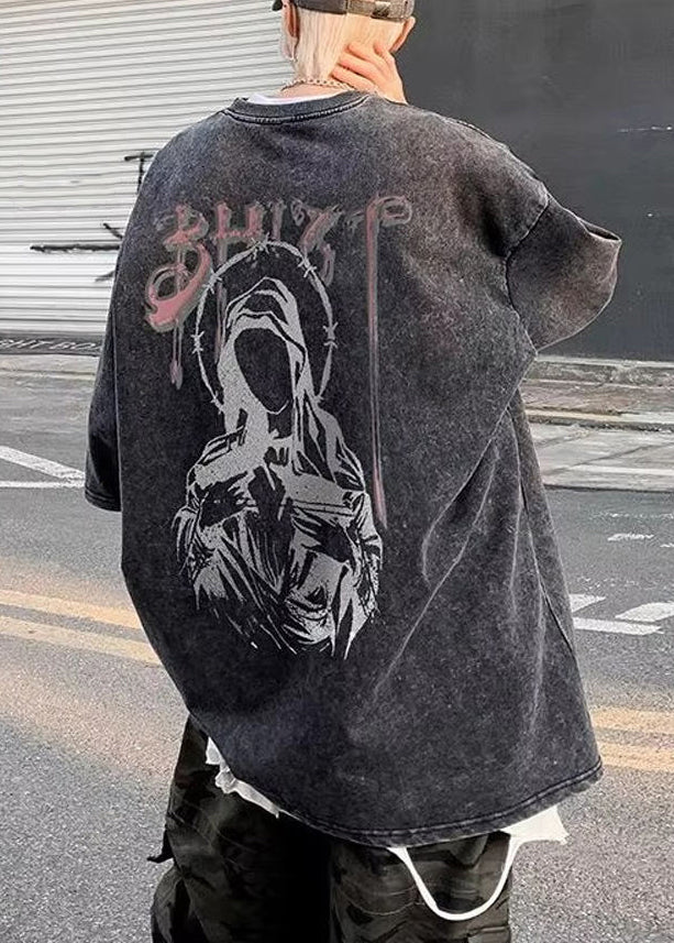 T-shirt d'été rétro noir à col rond et imprimé en coton pour homme