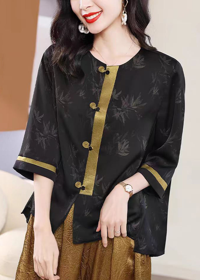 Retro Black O Neck Print Loose Silk Shirt Top Fall WP057