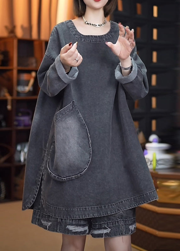 Retro Denim Offene Schwarze Seitenoberteile Herbst Patchwork