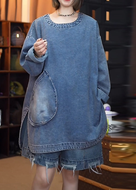 Retro Denim Offene Schwarze Seitenoberteile Herbst Patchwork